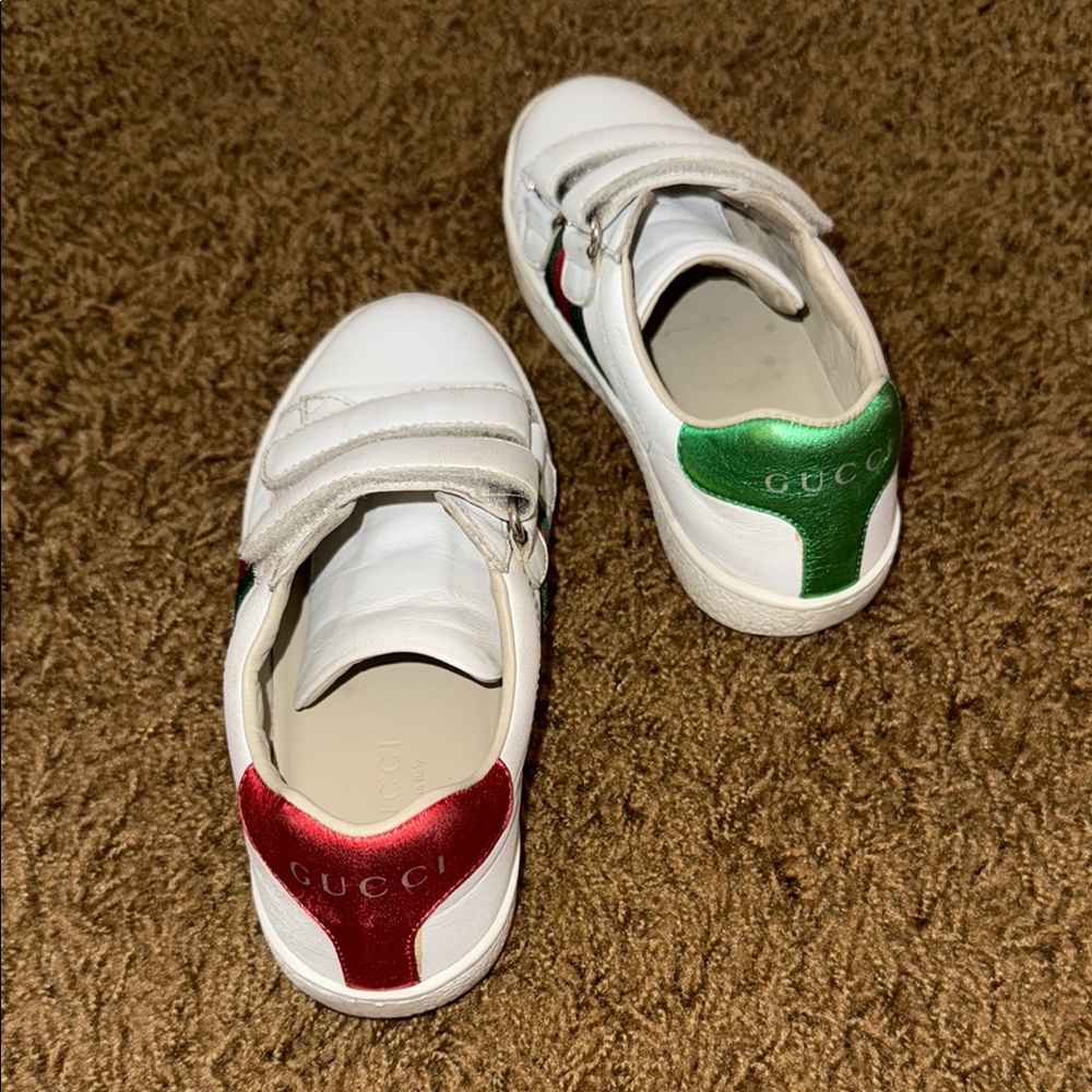 Kids Gucci White, Red and Green Velcro Sneaker Pelle Suola Gomma V.NAP.T Size 29